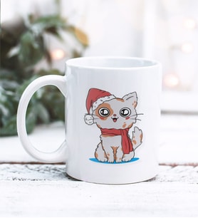 Yeni Yıla Hazır Kedi Tasarımlı Kupa Bardak (Beyaz)