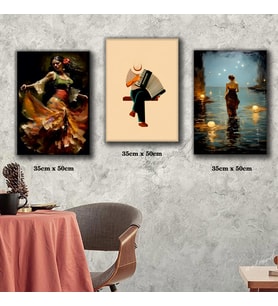 dansçı çingene kız akordeon çalan adam tablosu 3 adet 35cmx50cm kumaş baskılı canvas tablo