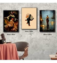 dansçı çingene kız akordeon çalan adam tablosu 3 adet 35cmx50cm kumaş baskılı canvas tablo