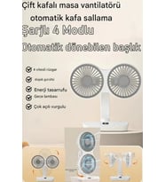 Masaüstü Dijital Ekranlı Çift Fanlı Led Işıklı Soğutucu Fan Ev Ofis Şarjlı Vantilatör (Beyaz)
