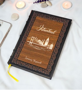 İstanbul Desenli Termo Deri + Ahşap Anı Defteri - Çizgili Defter - Hediyelik (17x24 cm- 320 Sayfa)