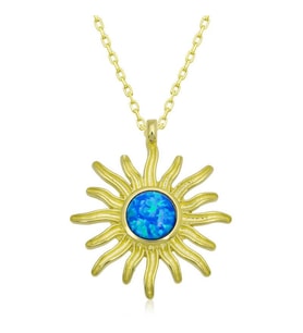 Gümüş Gold Mavi Opal Taşlı Güneş Kadın Kolye