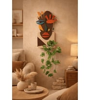 Soyut Yüz Figürlü Mask 65x35 cm Saksı Dahil Renkli Bohem Salon & Kafe Ahşap Duvar Dekoru