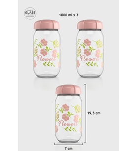 Renga Rhea 1000 ml Flower Desenli 3'lü Cam Kavanoz Seti 132007 Pembe