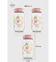 Renga Rhea 1000 ml Flower Desenli 3'lü Cam Kavanoz Seti 132007 Pembe