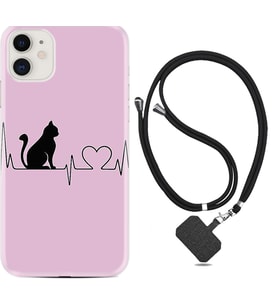Apple iPhone 11 12 13 Mini Kılıf Boyun Askılı Silikon Pink Cat Heart 1303