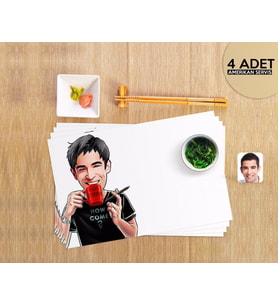BK Gift Kişiye Özel Erkek Karikatürlü 4 Adet Amerikan Servis Seti-64 (Beyaz)