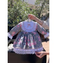 Dantel Süslemeli Çiçek Desenli Nervürlü Kız Çocuk Bebek Elbise
