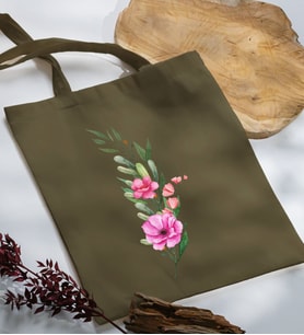 BK Gift Çiçek Tasarımlı Haki Kumaş Bez Çanta, Baskılı Omuz Çantası, Alışveriş Çantası, Arkadaşa Hediye-1