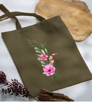 BK Gift Çiçek Tasarımlı Haki Kumaş Bez Çanta, Baskılı Omuz Çantası, Alışveriş Çantası, Arkadaşa Hediye-1