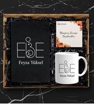 Kişiye Özel Ebe Tasarımlı Siyah Defter Kalem & Kupa Hediye Seti