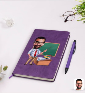 BK Gift Kişiye Özel Erkek Öğretmen Karikatürlü Mor Termo Deri Defter Kalem Seti Model 1