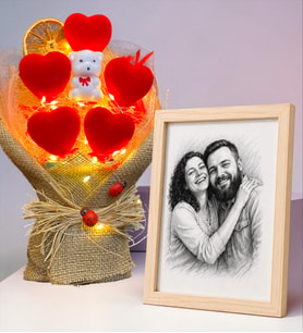 Kişiye Özel Karakalem Ahşap Fotoğraf Çerçevesi ve LED Işıklı Ayıcıklı Kırmızı Kalp Buketi