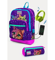 Coral High Mor Pembe Kedi Desenli USB'li 2'li Okul Çanta Seti - Kız Çocuk