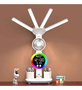 TechTic 4 Başlı Fanlı Şarjlı Masa Lambası LED Dijital Saat Ekranlı 3 Renk Göz Yormaz Çalışma Lambası