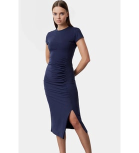 Şık Pamuklu Midi Elbise Bodycon Kalıp Büzgü Detay Yazlık Seçkin Malzeme Uzun Ömürlü (Lacivert)