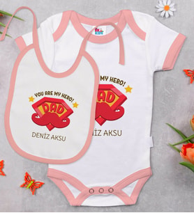 BK Kids Kişiye Özel My Hero Dad Tasarımlı Pembe Bebek Body Zıbın ve Mama Önlüğü Hediye Seti