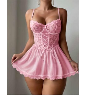 Arias Closet Özel Tasarım Pembe Dantel İşlemeli Tül Fantezi Gecelik