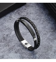 Retro Siyah Deri & Siyah Renk Çelik Plakalı/Mekanizmalı Kişiye Özel Harf/İsim Yazılı Erkek Bileklik