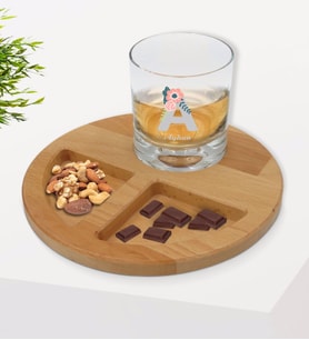 BK Gift Kişiye Özel Harf ve İsimli Viski Bardağı ve Doğal Masif Ahşap Yuvarlak Sunum Tabağı Çerezlik Hediye Seti-3