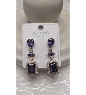 Xuping Küpe Çelik Sarı Etrafı Mor Taşlı Küpe, Dik Kesim Zirkon Taşlı Çelik Küpe