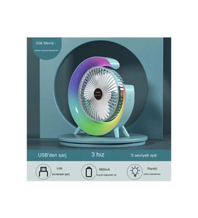 Masaüstü Vantilatör Usb Şarjlı Rgb Led Işıklı 3 Kademeli 180° Ayarlanabilir Soğutucu Fan Mavi