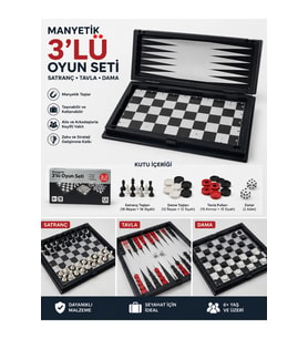 Manyetik 3’lü Oyun Seti Satranç Tavla Dama Katlanabilir Seyahat Aile Zeka Oyunu