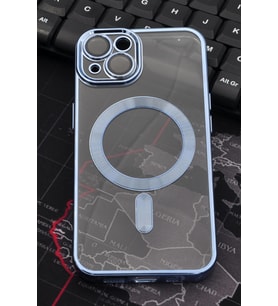 iPhone 13 Uyumlu MagSafe Özellikli Saks Mavi Renkli Kenarlı Lazerli Şeffaf Kılıf Lens Korumalı (Renksiz)