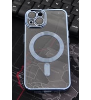iPhone 13 Uyumlu MagSafe Özellikli Saks Mavi Renkli Kenarlı Lazerli Şeffaf Kılıf Lens Korumalı (Renksiz)