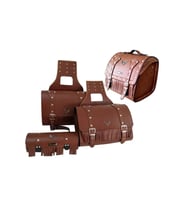 Motosiklet 4'lü Set Takım Deri Yan Heybe Sosis ve Arka Çanta Chopper Model Motor Çantası Kahverengi