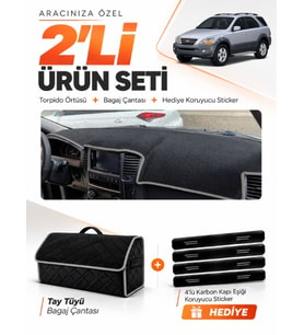 KİA SORENTO (2006-2009) Uyumlu Torpido Örtüsü + Tay Tüyü Bagaj Çantası + Sticker Seti - Siyah Gri