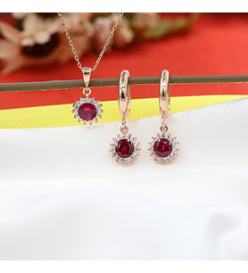 Kırmızı Beyaz Taşlı Minimal Anturaj Yuvarlak Gümüş Kolye Küpe Takım