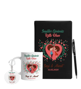 Sevgililer Gününe Özel Siyah Defter Kalem Kupa & Süblimasyon Anahtarlık Hediye Seti 3