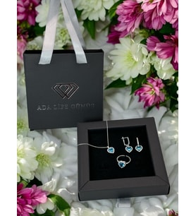 925 Ayar Gümüş Pırlanta Kalp Model Mavi Taşlı 3 lü Set Kolye Küpe Yüzük (ÇANTALI KUTULU)