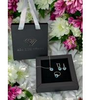 925 Ayar Gümüş Pırlanta Kalp Model Mavi Taşlı 3 lü Set Kolye Küpe Yüzük (ÇANTALI KUTULU)