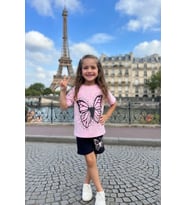 Kız Çocuk Puantiye Baskılı ve Kelebek Baskılı Pembe T-Shirt Şortlu Takım