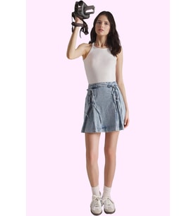 Kadın Denim Mini Etek Bağlama Detaylı A line Kalıp Pamuklu Günlük Stil Yaz Aylarının Vazgeçilmezi (Mavi)