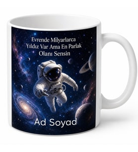 Galaksi Uzay Temalı İsim Yazılı Astronot Kupa Bardak Kişiye Özel Hediye