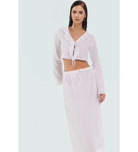 Yazlık Kadın Uzun Kollu Pamuklu Bluz Etek Takım Plaj Modası Profesyonel Görünüm Modern Stil (Beyaz)