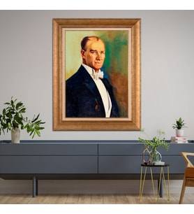 Altın Varaklı Çerçeveli Paspartulu Atatürk Tablo DC0710 (Gold)