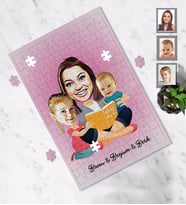 Kişiye Özel Anneler Günü Anne Erkek Kız Kardeş Karikatürlü A4 99 Parça Puzzle Model-1