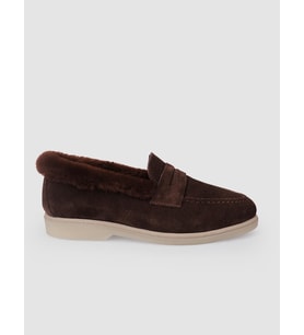%100 Hakiki Deri Kahverengi Süet Kürklü Kadın Loafer