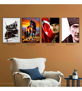 atatürk ayyıldızlı bayrak renkli at tekne resimli 4lü hd baskılı kanvas tablo resim