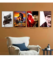 atatürk ayyıldızlı bayrak renkli at tekne resimli 4lü hd baskılı kanvas tablo resim