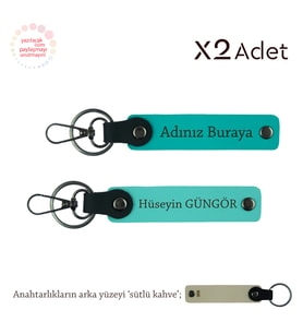 Teyzeye Değerli Hediye, İsim Yazılı 2’li Anahtarlık Takımı, Koyu Turkuaz-Turkuaz-Sütlü Kahve