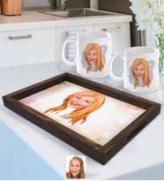BK Gift Kişiye Özel Kadın Yüz Karikatürlü Doğal Ahşap Tepsi ve 2’li Kupa Bardak Seti-1