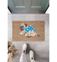 Çok Amaçlı Dijital Baskı Kahverenk Mavi Kurdelili pug İç ve Dış Mekan Kapı Paspası (Krem)