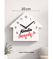 Kendin Tasarla 20 cm Ahşap Ev Şeklinde Duvar Saati Kişiye Özel Baskılı Dekoratif Saat