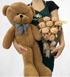 Kişiye Özel 7'li Peluş Ayıcık Buketi ve Büyük Boy Kahverengi Peluş Ayıcık (Model 2)