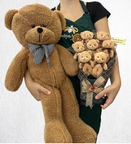 Kişiye Özel 7'li Peluş Ayıcık Buketi ve Büyük Boy Kahverengi Peluş Ayıcık (Model 2)